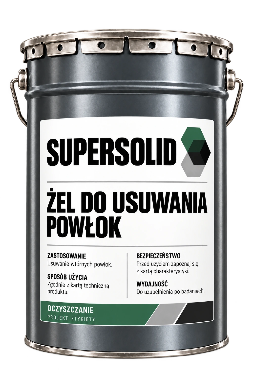 SUPERSOLID — zielona rodzina oczyszczania: żel do usuwania powłok, koncepcja opakowania